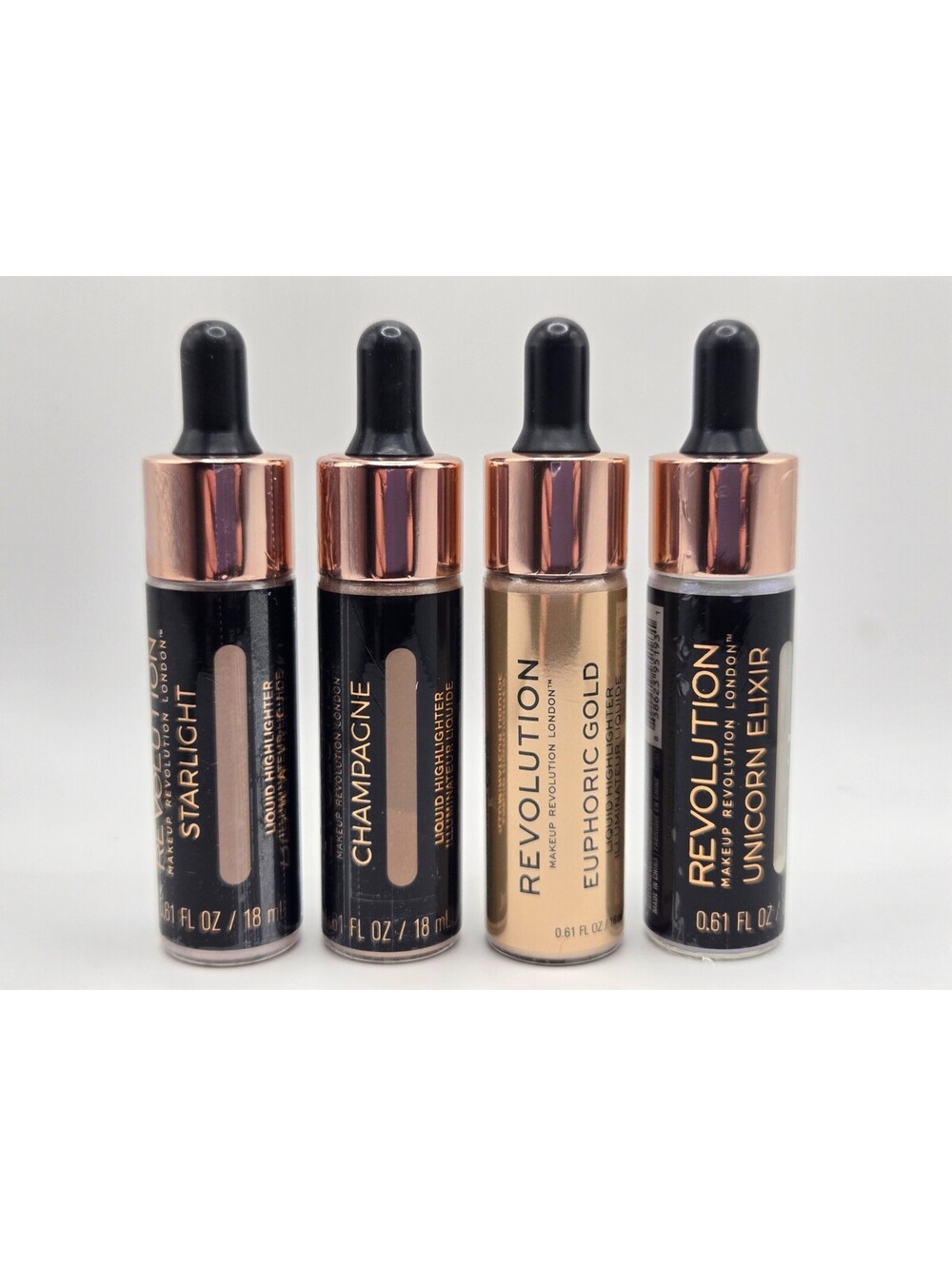 Makeup Revolution Liquid Highlighter Lot of 4 Starlight Champagne Euphoric Gold